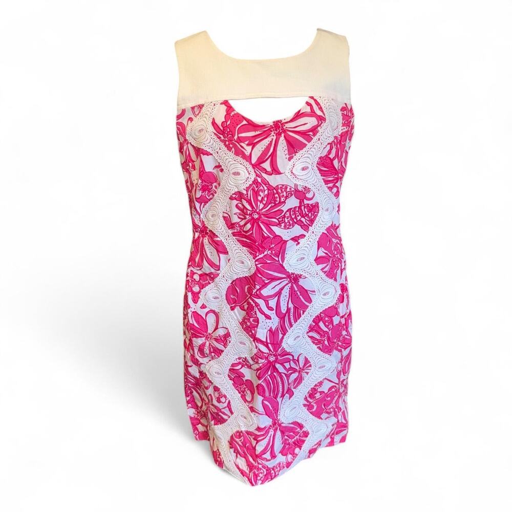 Lilly Pulitzer Jubilee Pink White Crab Dress Cutout Lace Preppy Hamptons 12 Y2K